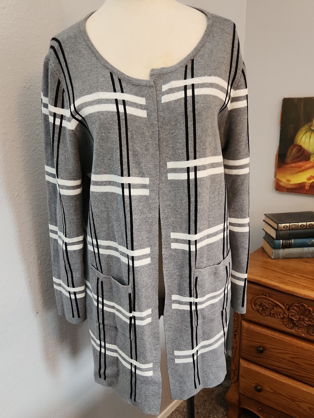 Elle Grey Plaid Black White Open Front Cardigan 2 Pockets Office Business Preppy